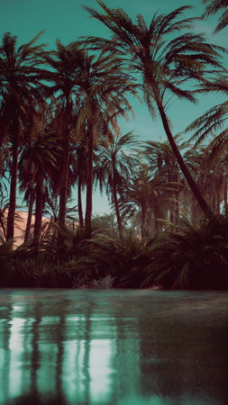 A serene oasis features vibrant palm trees casting reflections on still water. The bright blue sky creates a peaceful atmosphere, inviting relaxation in this tropical paradise.の写真素材