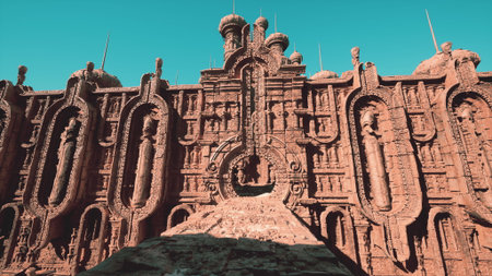 An impressive fortress stands majestically in an open landscape, showcasing complex carvings and architectural details. The sun shines brightly, highlighting every unique feature and texture.の写真素材