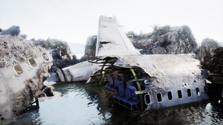 Rusting remains of an airplane are partially submerged in calm waters, with jagged rocks surrounding. The scene evokes a sense of mystery and stories untold.の写真素材