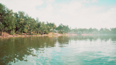 A calm river reflects the clear blue sky, bordered by vibrant trees and gentle shores. The scene captures the peacefulness of nature on a sunny afternoon with soft light and serenity.の写真素材