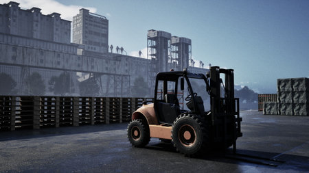 A forklift stands ready in an industrial area, surrounded by wooden pallets. The sun rises, casting soft light over the scene, highlighting the machinerys details and surroundings.の写真素材