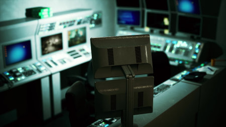 In a dimly lit control room, high tech monitors display data and graphics while operators attentively manage various systems during late night operations. The atmosphere is focused and intense.の写真素材