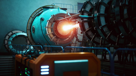 In a high tech laboratory, a vibrant energy core emits intense light as it powers advanced...