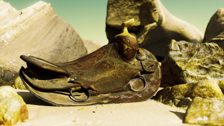 On a bright day at the beach, worn objects rest on the sandy shore. Surrounding rocks add texture to the scene, revealing nature's art blended with human history in a peaceful, secluded spot.の写真素材