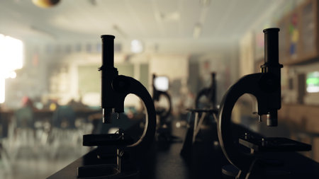 Students are engaged in a science lesson, examining specimens under microscopes. Sunlight streams in, illuminating the busy classroom atmosphere and enhancing the excitement of learning.の写真素材