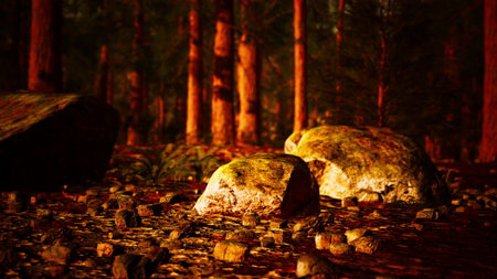 In a dense forest, glowing rocks stand out against the dark earth, surrounded by tall trees bathed in warm, golden light. The atmosphere feels magical and serene, perfect for exploration.の写真素材