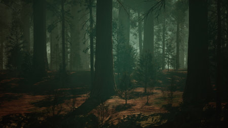 A tranquil forest scene reveals towering trees bathed in soft, diffused light. Shadows dance among the underbrush, creating an enchanting atmosphere. The stillness invites curiosity and contemplation.の写真素材