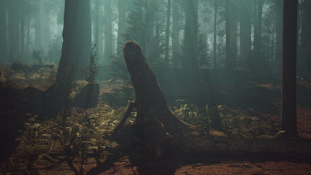 Sunlight filters through tall trees in a tranquil forest. Shadows dance across the rich earth, bringing a peaceful ambiance to this enchanting nature setting filled with ferns.の写真素材