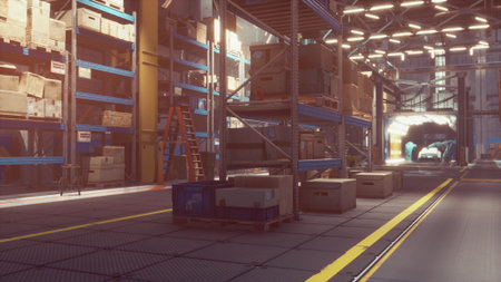 In a spacious warehouse, stacks of cardboard boxes sit neatly on metal shelves. A ladder leans against the shelves, and soft light streams through large windows, illuminating the organized space.の写真素材