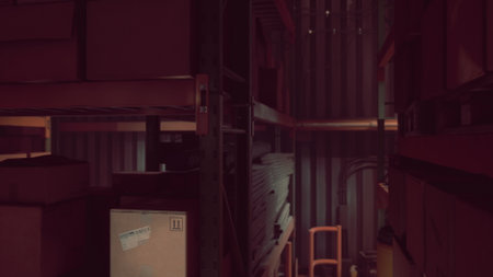 Rows of wooden shelves hold neatly stacked boxes in a cozy storage space. A warm light filters through, casting soft shadows and creating a sense of mystery in the quiet room.の写真素材