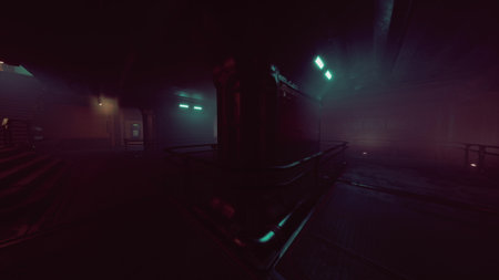 A dimly lit underground space features glowing neon lights and an ethereal fog. The atmosphere is...