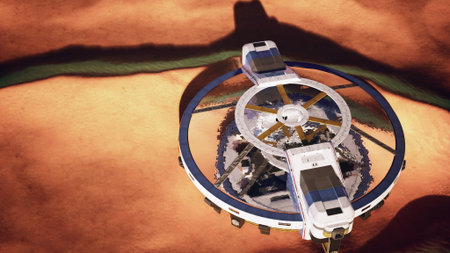 In a distant landscape, a sleek spacecraft habitat stands on reddish terrain. Surrounded by unique...