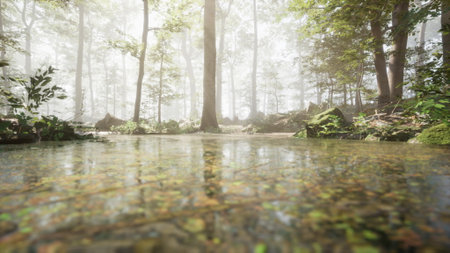 A tranquil forest scene showcases a still pond surrounded by tall trees and thick greenery. Soft morning light breaks through the mist, creating an enchanting atmosphere that soothes the senses.の写真素材