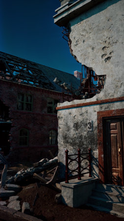 In an abandoned site, crumbling walls and a missing roof reflect years of neglect. Sunlight filters through the debris, creating shadows that whisper of forgotten times.の写真素材