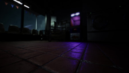 A dimly lit laundry room features empty seats and a flickering purple light illuminating the tiled floor. Shadows dance around, creating an eerie atmosphere in the urban night.の写真素材