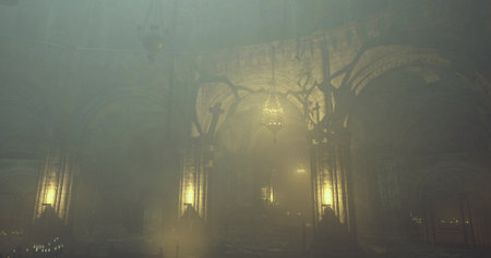 A grand gothic cathedral interior is enveloped in mist, with faint light illuminating the ornate...