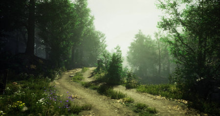 A winding dirt path cuts through a lush forest, surrounded by greenery. Morning light filters...