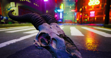 A skull lays in the middle of a deserted urban street at night, illuminated by vibrant neon lights from nearby buildings. The scene conveys an eerie yet artistic atmosphere.の写真素材
