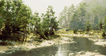 A tranquil riverside setting is filled with lush greenery and sunlight filtering through tall trees. The calm water reflects the surrounding nature, creating a peaceful atmosphere.の写真素材
