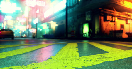 Neon lights illuminate a bustling urban street. The wet pavement reflects colors, while yellow stripes create dynamic patterns. People move and cars pass in this lively nighttime atmosphere.の写真素材