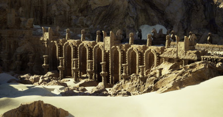Ancient stone structures partially buried in golden desert sand reveal intricate carvings. Sunlight...