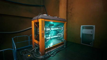 In a high tech laboratory, an advanced energy core illuminates the room with a bright glow, surrounded by intricate machinery and cables, suggesting an innovative research environment.の写真素材