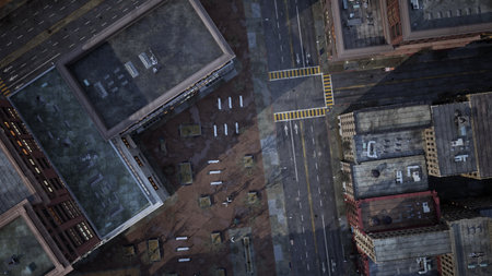 Aerial view of a city intersection surrounded by tall buildings. The streets are quiet, with minimal...