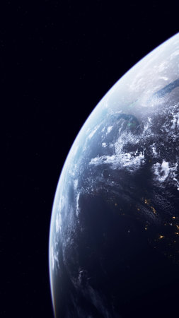 The image shows planet Earth from space, illuminated by city lights and natural phenomena,...