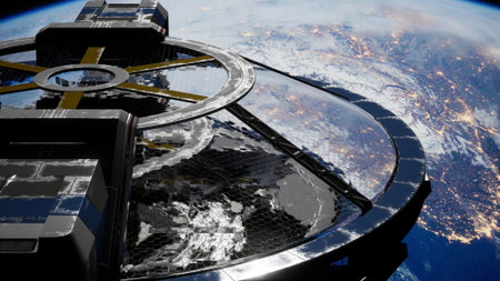 research facility constructed from metal and glass, resembling a spacecraft, rotating in orbit around the planet.の写真素材