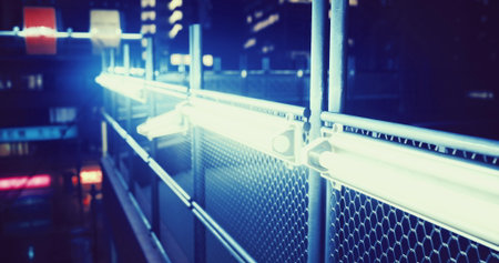 A vibrant walkway is lit up by neon lights, providing a striking contrast against the dark backdrop...