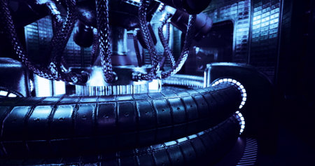 A complex mechanical chamber features metallic chains and circular glowing elements, showcasing a...