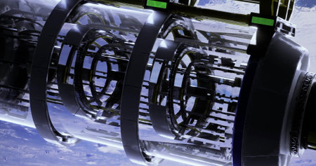A complex space station component is shown in detail, featuring transparent layers and a futuristic...
