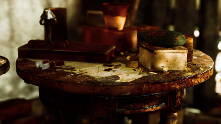 A weathered wooden table holds an assortment of dusty, aged items. The setting appears abandoned, with remnants of past lives scattered across its surface.の写真素材