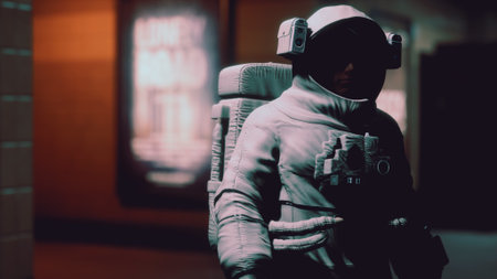 A lone astronaut walks through a vibrant corridor in a futuristic city. The glowing lights reflect off the suit as the surrounding area hints at advanced technology and a mysterious atmosphere.の写真素材