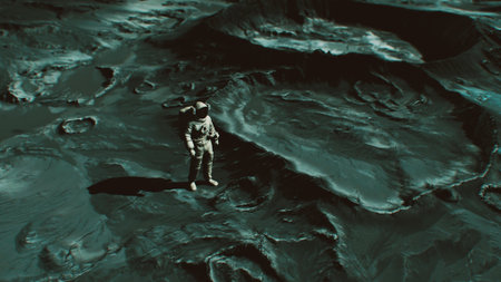 An astronaut stands on the surface of an eerie lunar landscape, surrounded by dark craters and textured grey soil beneath a vast starry sky.の写真素材