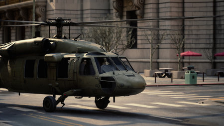 A military helicopter approaches a landing zone on a bustling city street. The scene showcases urban buildings, sidewalk tables, and a clear blue sky. Nearby pedestrians pause to observe.の写真素材