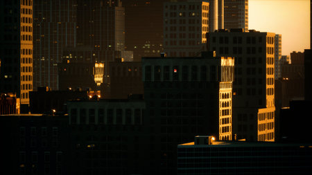 As the sun dips below the horizon, warm golden light illuminates the tall buildings of a lively...