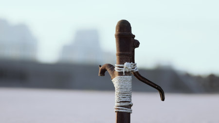 A rustic water pump, crafted from wood and metal, is tied with white rope. It stands tall against a backdrop of blurred buildings, basking in the soft glow of sunlight.の写真素材