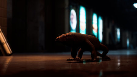 A curious creature wanders through a dark urban alley, illuminated by the faint glow of neon signs. Its presence adds an intriguing and eerie touch to the haunting atmosphere of the night.の写真素材