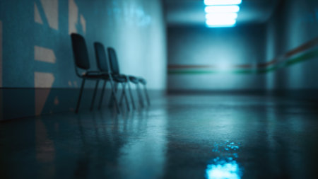 In a quiet corridor, several chairs sit empty on a wet floor. Blue lights cast a tranquil glow, creating an eerie yet inviting atmosphere in the space. The walls have subtle color stripes.の写真素材