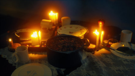 A warm and inviting dinner scene features a pot of stew surrounded by flickering candles. The table is set with plates and cups, creating a cozy atmosphere for a delightful meal.の写真素材