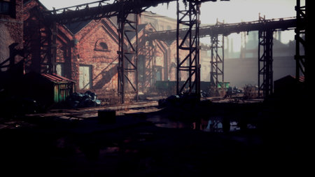 In a forgotten industrial area, sunlight filters through old structures, casting long shadows on cracked concrete. Rusted beams and debris hint at a once bustling factory, now silent.の写真素材