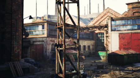 Amidst crumbling brick structures and forgotten machinery, sunlight pours over the worn out landscape of an abandoned factory. Nature begins to reclaim this industrial space, highlighting its history.の写真素材
