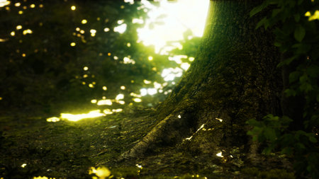 Sunlight streams through the leaves, illuminating the rough bark of an ancient tree. The forest floor is alive with the glow of nature, inviting exploration and tranquility.の写真素材