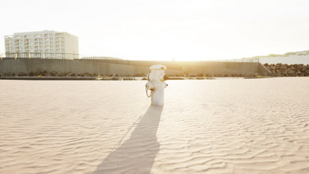 A lone figure stands on a tranquil beach, the sun setting behind them and casting elongated shadows on the sand. The soft light and gentle waves create a peaceful atmosphere during dusk.の写真素材