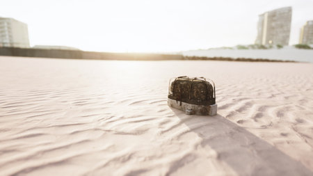 A weathered treasure chest sits alone on the light sand as the sun sets, casting long shadows over the distinct patterns of the beach. Coastal buildings stand tall in the distance.の写真素材