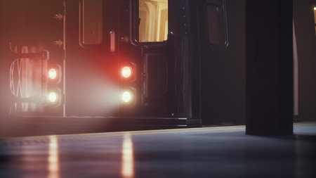 A subway train approaches the station, casting gentle lights on the platform. The scene feels calm and serene, with shadows adding an air of mystery to the night.の写真素材