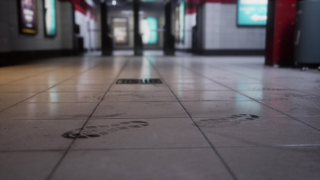 Footprints mark the white tiled floor in a nearly empty subway station. Soft morning light filters through, revealing the clean yet worn space, inviting a sense of solitude and calm.の写真素材