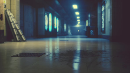 A deserted hallway showcases glowing neon signs that cast a soft light on the wet floor. Shadows stretch along the walls, creating an eerie, dreamlike atmosphere.の写真素材