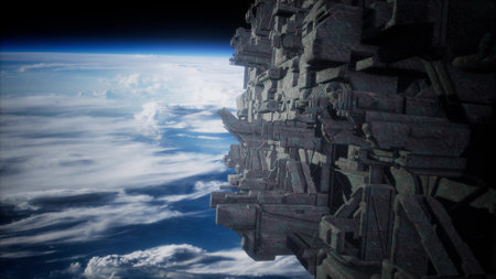 A grand, abstract structure hovers in space, casting shadows on Earths clouds below. The scene...